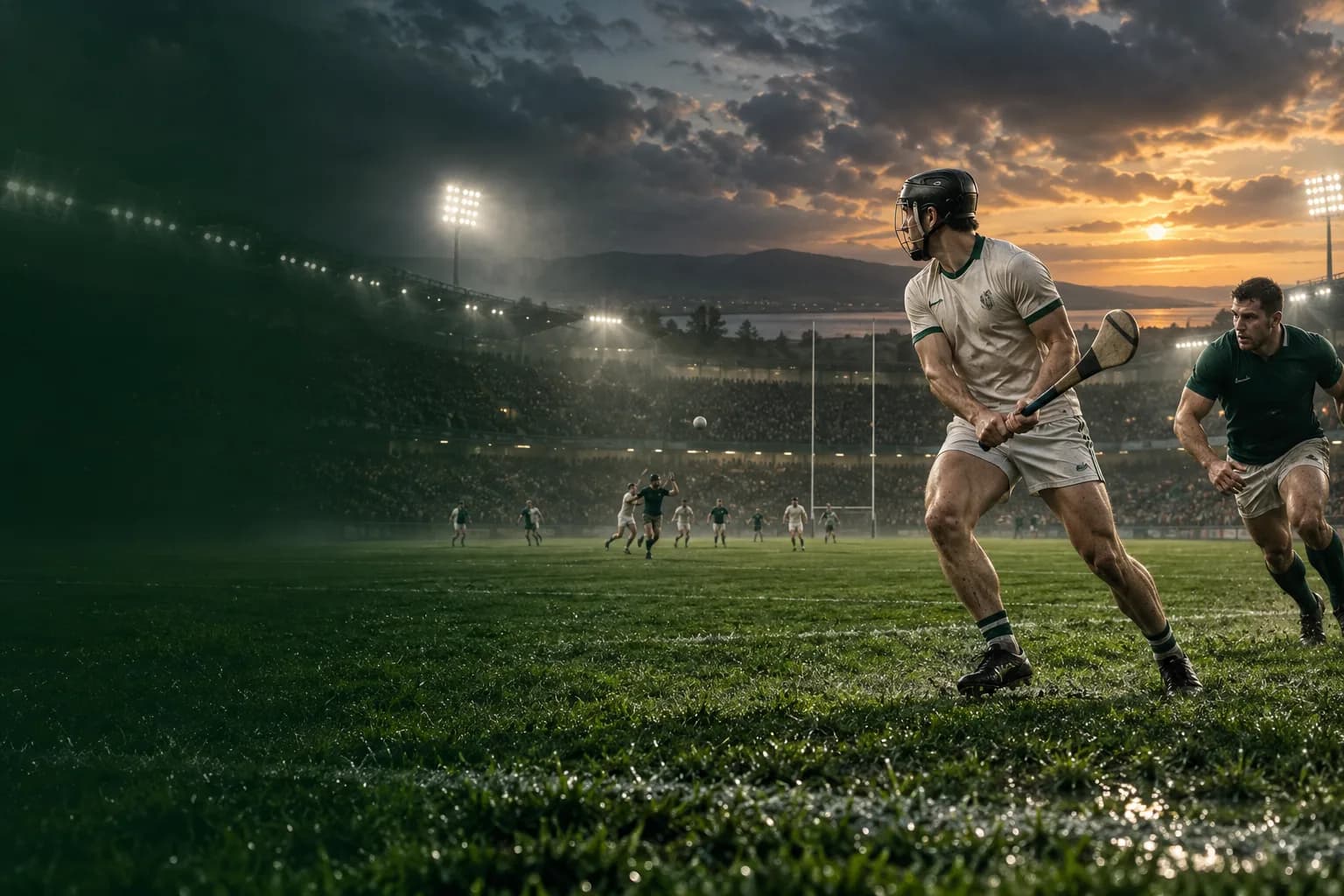 Original promotional scene of hurling and rugby players at a floodlit Irish stadium